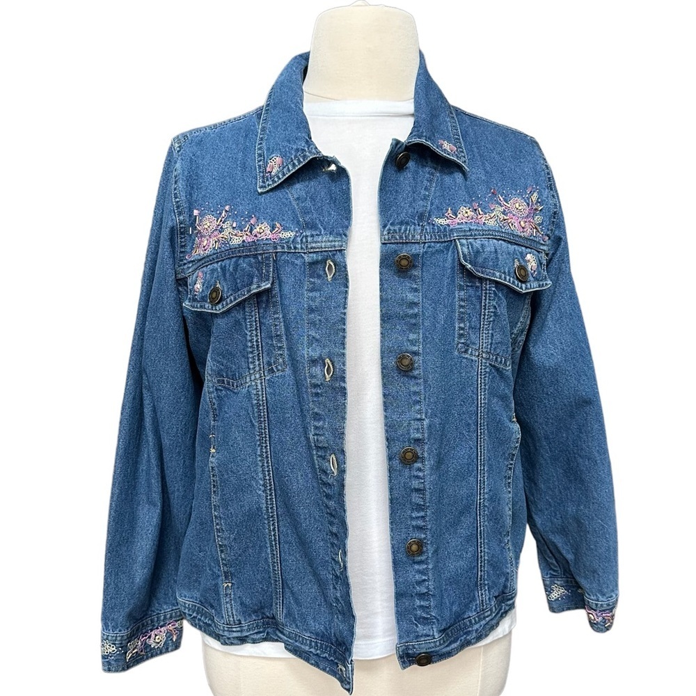 Denim & Co Western Floral Embroidered Jean Jacket Size: XL - Picture 3 of 12